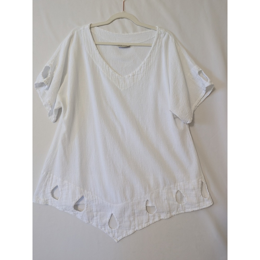 Cottonways White Gauze Cotton V-Neck Tunic Top Handkerchief Hem Size 4X Womens - Picture 2 of 8